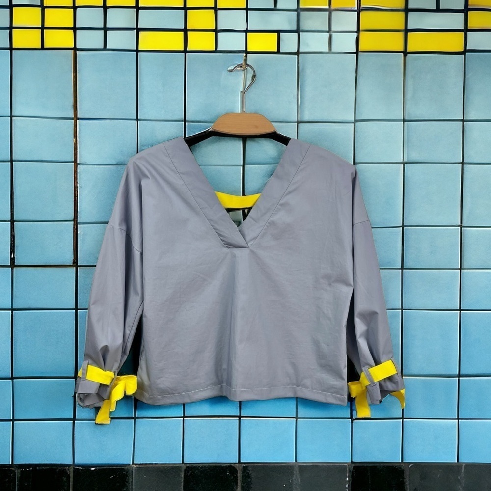 NEW Sheer Italy Blue Cropped V Neck Stretch Cotton Blouse w/ Yellow Ties Size S